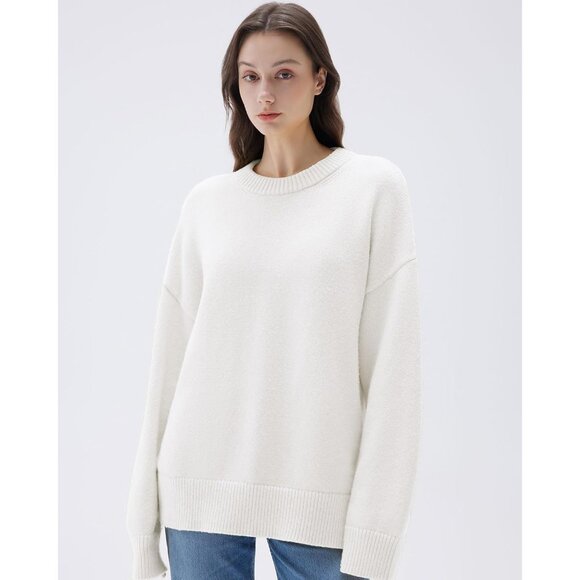 Women Cashmere Blend Oversized Crew Neck White Soft Warm Pullover Sweater - Picture 2 of 5